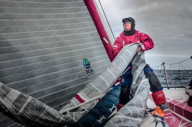 Onboard Team SCA - It's been a long day for the crew with many manoeuvres and sail changes. Stacey Jackson at the bow - Leg five to Itajai -  Volvo Ocean Race 2015 © Anna-Lena Elled/Team SCA